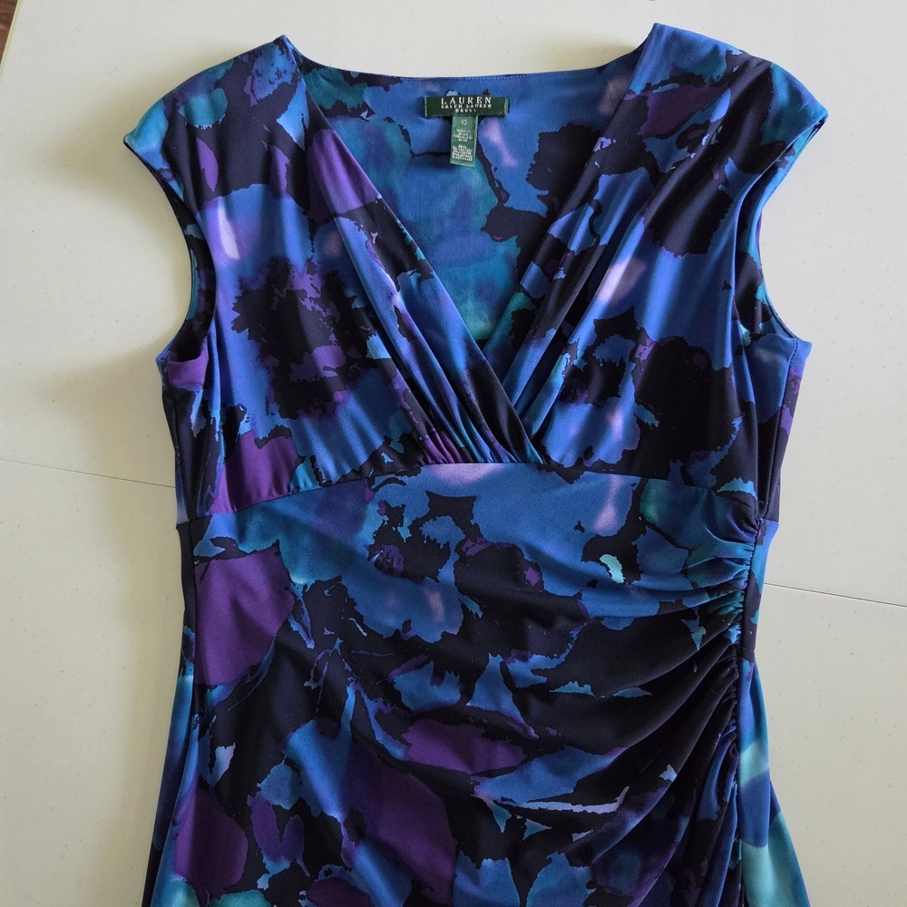 Lauren Ralph Lauren Blue Purple Abstract Floral Ruched Sheath Dress Size 10 - Picture 7 of 11